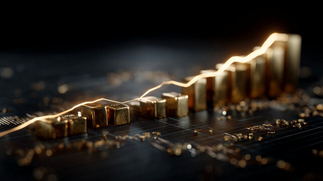 A digital illustration showing the price of gold rising, with a glowing gold bar or coin ascending on a graph
