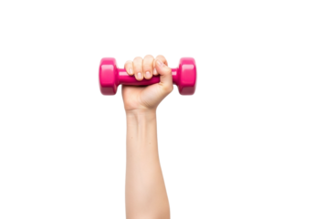 Photo of close up of a persons arm lifting a pink dumbbell during a workout session on a white backdrop isolated on transparent background