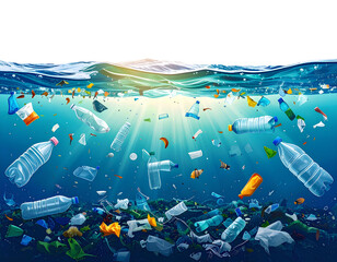 Ocean plastic pollution, showing various types and sizes of debris floating in the wa