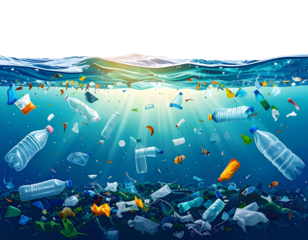 Ocean plastic pollution, showing various types and sizes of debris floating in the wa