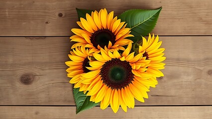 Sunflower bouquet on a rustic wooden surface with warm directional lighting.