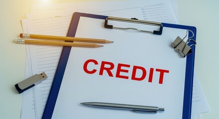 Credit Application Documents with Pen, Pencils and USB Drive on a Clipboard in an Office Setting