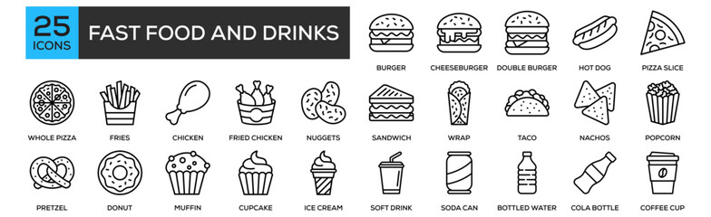 Fast Food and Drinks icon collection set. Containing design Burger, Cheeseburger, Double Burger, Hot Dog, Pizza Slice