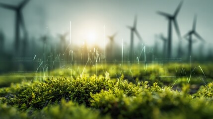 Sustainable Energy Future: Mossy Landscape with Wind Turbines and Data Visualization for Green Technology Concepts