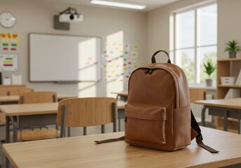 Brown Leather Backpack on Classroom Desk with Blurred Background