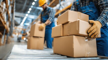 Two workers in blue overalls and yellow helmets are stacking cardboard boxes on a conveyor belt in a busy warehouse. The setting is bright and organized for efficient operations.