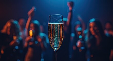 Champagne Glass at Party: Celebration, Bubbles, Festive Mood, Bokeh Background.