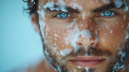 Close-up of a man with blue eyes covered in soapy foam, looking at the camera