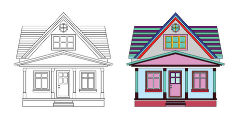 vector illustration of a house. Coloring book illustration of a charming vintage house.