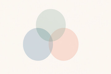 Minimal overlapping color circles on clean pastel background, modern abstract Venn diagram style design, red blue green transparency blend, soft aesthetic geometric shape layout, infographic template

