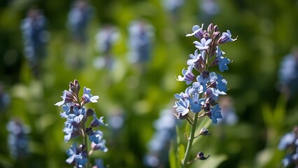 Delicate flax blue flowers bloom in full with soft focus and natural sunlight.