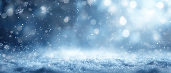 Fototapeta premium The enchanting winter landscape with snowflakes and sparkling light in the air.