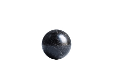 A black marble sphere, placed on a white isolated on a transparent background in PNG format.