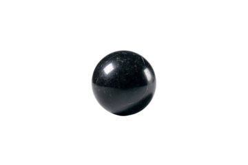A black marble sphere, placed on a white isolated on a transparent background in PNG format.