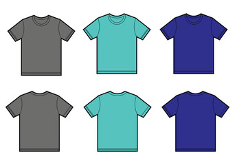 Set of t shirt templates in Various Colors for Apparel Design, Six flat, vector graphic designs of blank t-shirts in different colors (gray, teal, navy blue) show front and back views.