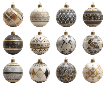 Twelve elegant Christmas ornaments in various designs and colors, ideal for festive celebrations.