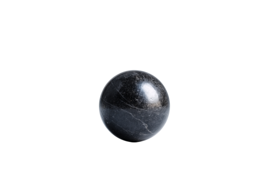 A black marble sphere, placed on a white isolated on a transparent background in PNG format.