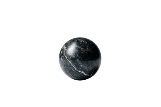 A black marble sphere, placed on a white isolated on a transparent background in PNG format. - Powered by Adobe