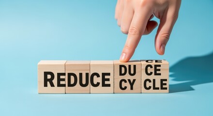 Reduce, Reuse, Recycle Concept: Hand Arranging Wooden Blocks with Sustainable Living and Environmental Responsibility Messages