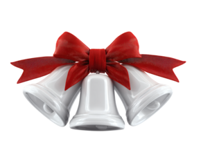 Three white bells with a red ribbon, perfect for holiday themes.