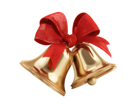 Golden bells with a red ribbon, ideal for festive celebrations and designs.