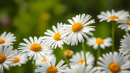 Obraz premium Fresh daisies bathed in sunlight with a soft green background, showcasing delicate petals in close-up.