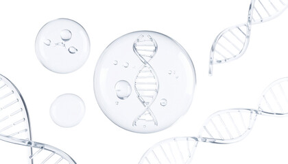 DNA strands in clear bubbles, silver helix structure on a dark backdrop