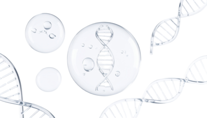 DNA strands in clear bubbles, silver helix structure on a dark backdrop