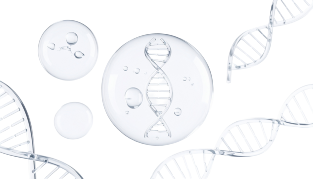 DNA strands in clear bubbles, silver helix structure on a dark backdrop