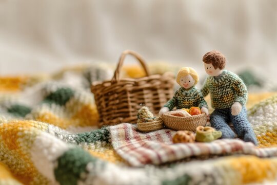 Adorable handmade dolls enjoying a picnic on a cozy blanket with baskets of food.