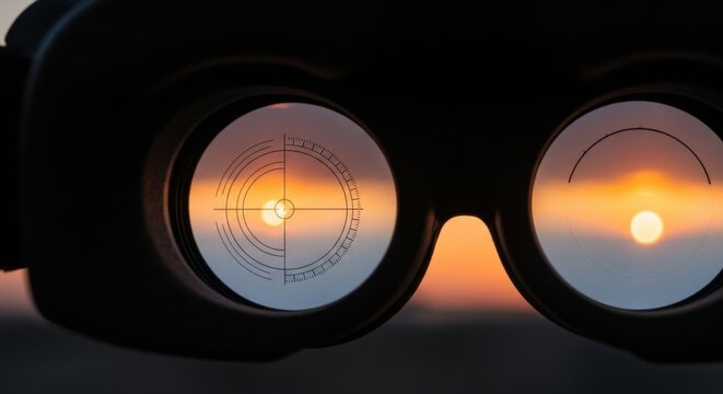 View through binoculars with reticle aiming at a sunset horizon. Optical device for observation and navigation concept.