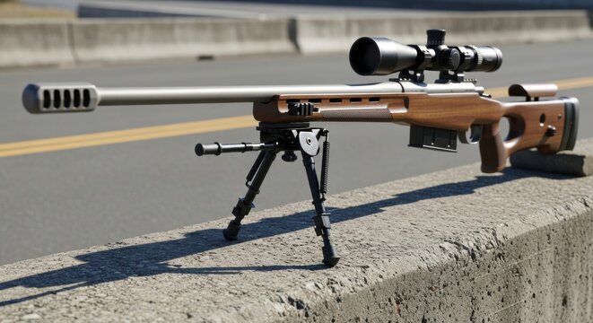 High caliber sniper rifle with wooden stock and scope. Precision firearm equipped with bipod. Hunting and sport shooting weapon.