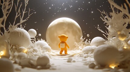 Cute character, backpack, moonlit snowscape. Journey of a tiny explorer under a luminous moon among fluffy, white snow