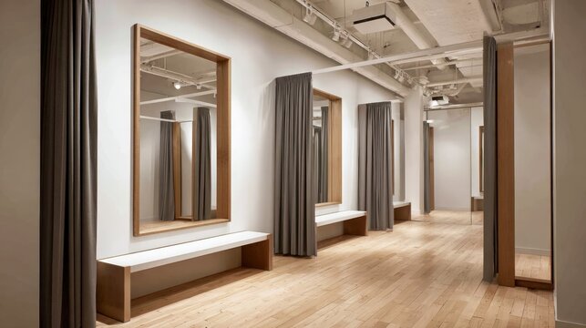 Fitting Rooms in a Contemporary Clothing Boutique with Mirrors, Benches and Neutral Color Palette