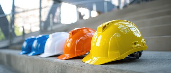 The collection of colorful hard hats lined up on a construction site.