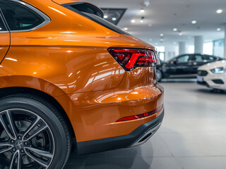 Shiny orange car rear with modern taillight and alloy wheel modern car dealership
