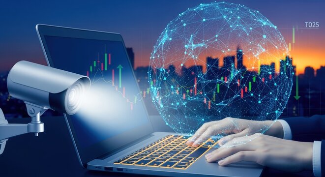 Security Camera Monitoring Data on Laptop Screen with Cityscape and Global Network Overlay