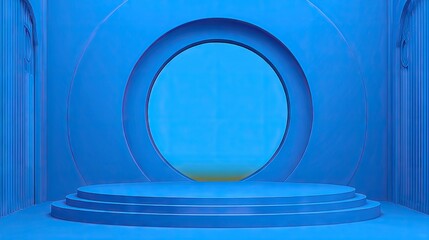 A vibrant, blue, geometric stage with tiered platform.