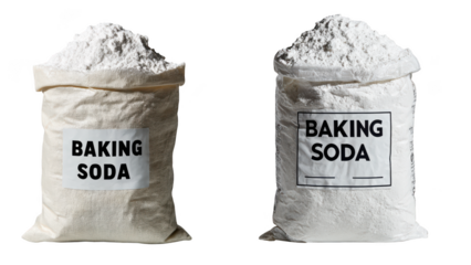 Two bags of baking soda with labels, isolated on transparent background