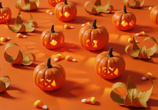 Bright orange surface with hand carved mini pumpki