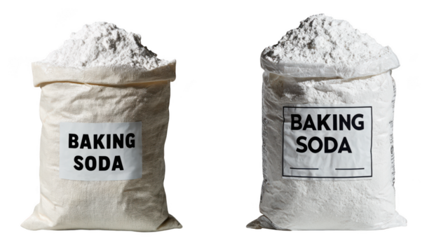 Two bags of baking soda with labels, isolated on transparent background
