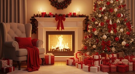 Cozy Christmas living room with fireplace and decorated tree