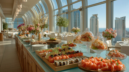 Buffet Table With Food, Flowers And View