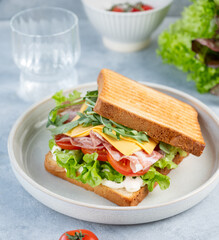Club sandwich of toast bread with bacon, cheese, tomatoes, lettuce, arugula and sauce in a plate