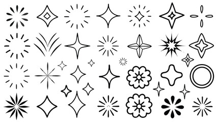Black outline sparkle and starburst icon set with various shapes including diamonds, circles, and floral bursts, minimalist hand-drawn style design elements for decoration, backgrounds, and creative 