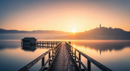Obraz premium Sunrise Over Misty Lake With Wooden Pier and Church
