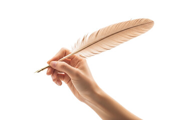 Photo of close up of a hand holding a feather quill pen as if writing on a transparent background