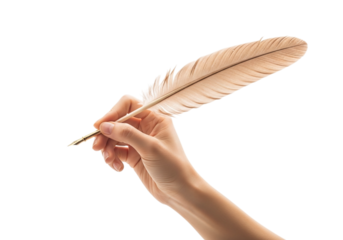 Photo of close up of a hand holding a feather quill pen as if writing on a transparent background