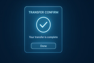 Money transfer complete confirmation screen, digital payment done message, glowing fintech user interface, online banking transaction success notification, neon blue secure finance technology display
