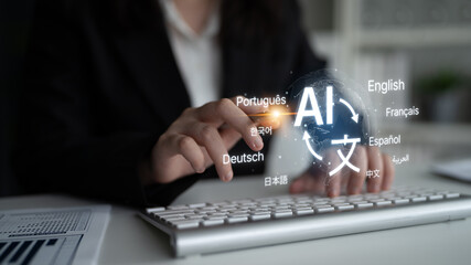 Naklejka premium Global communication with multiple languages, digital translation tools, multilingual technology, cross-cultural communication, and virtual language learning environments. Spline